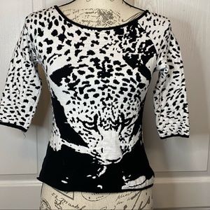 Concetta Bruce Black White Cheetah Face Print Sweater Round Neck 3/4 Sleeve Crop